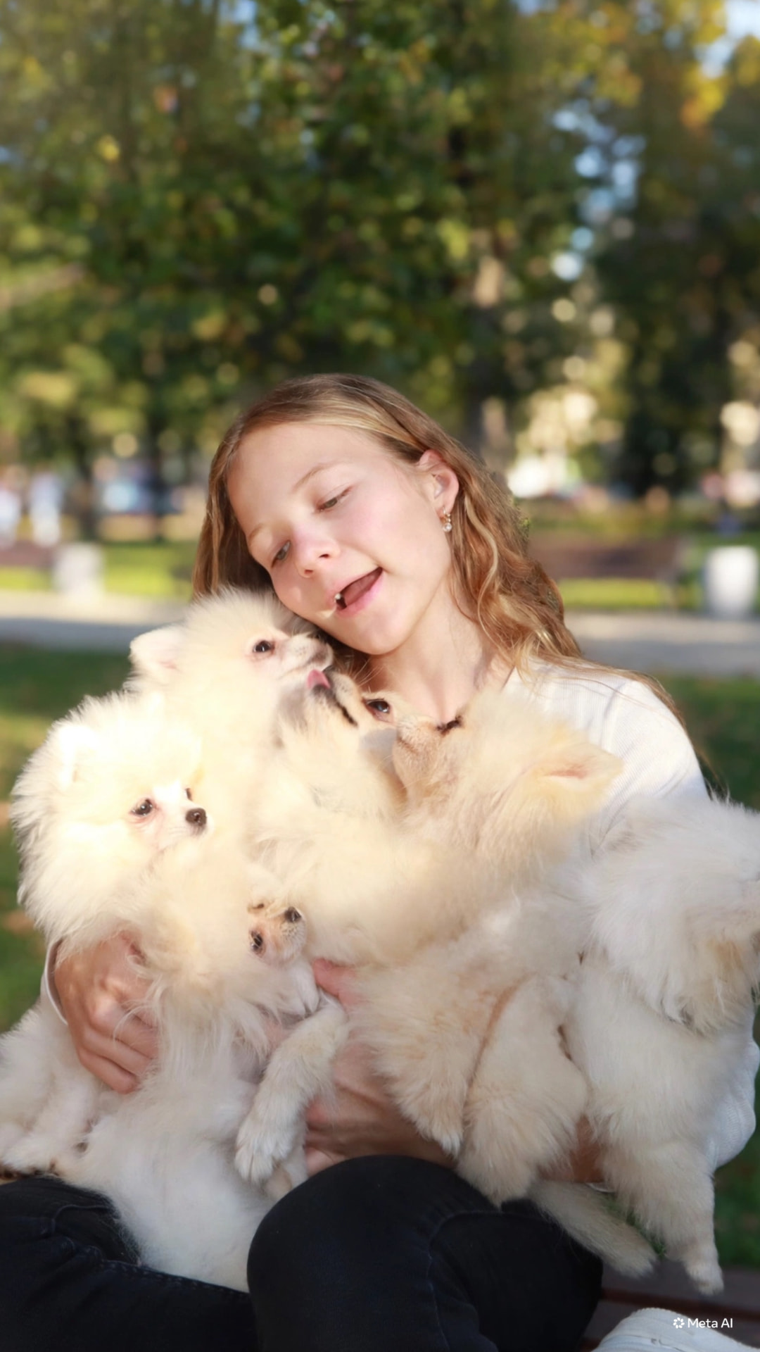 Our daughter holding a pile of cream and white Pomeranian puppies in the park